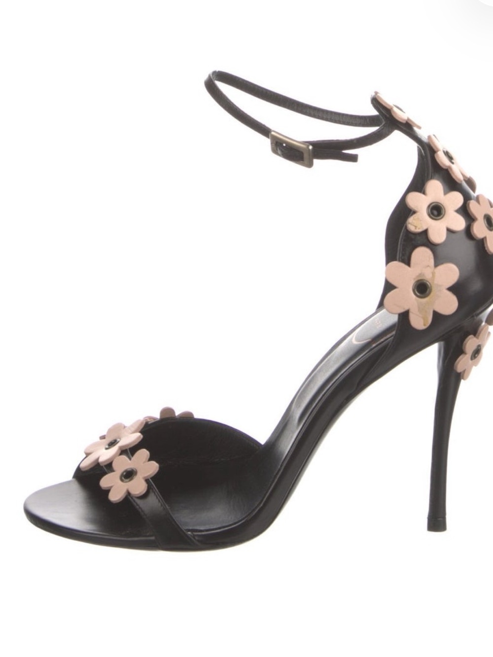 Roger Vivier Black Sandals with Blush Floral Appliqués